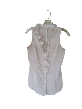 New York & Company Tan Striped Sleeveless Ruffled Front Button Down Shirt Small